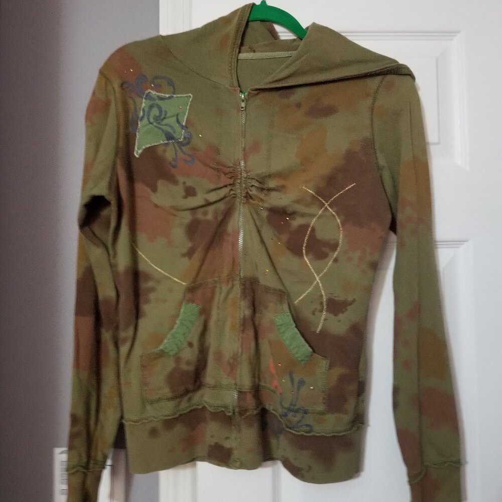 Green Tie-Dye Cinched at the Bust [Thin] Cotton Hoodie